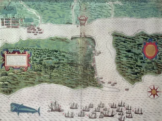 Karte, die die Zerstörung der spanischen Kolonie St. Augustine in Florida am 7. Juli 1586 durch die englische Flotte unter dem Kommando von Sir Francis Drake (1540-96) darstellt, 1589